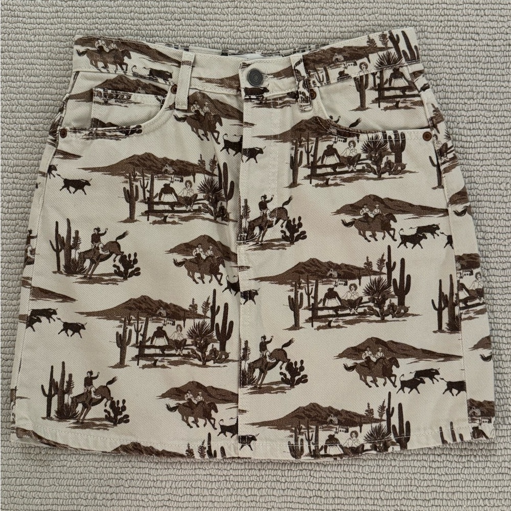 Reformation Brown and Cream Western Mini Skirt